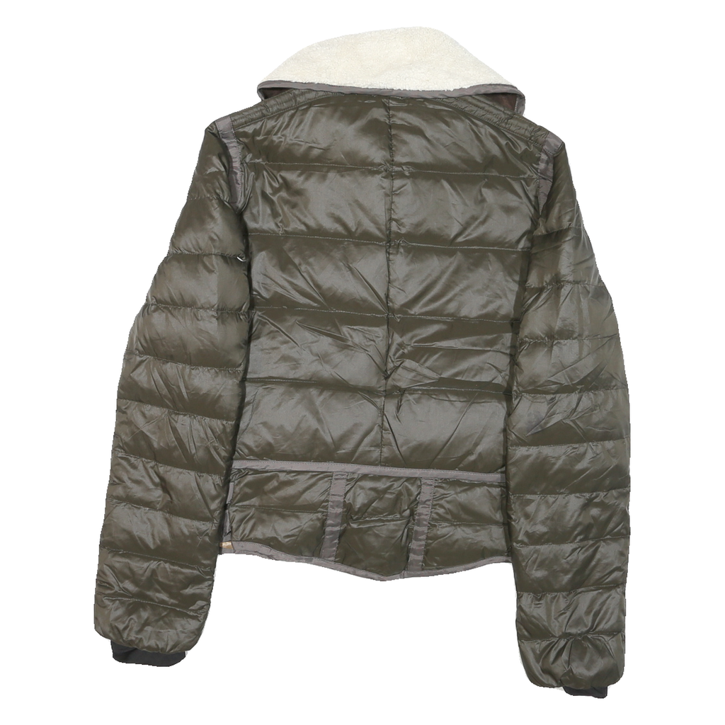 MONCLER Womens Green Quilted Zip Jacket L Polyester Blend Sherpa Collar Stylish