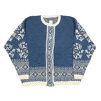 BAY CLUB Womens Blue & Cream Patterned Cardigan Floral Crew Neck Cable Knit L
