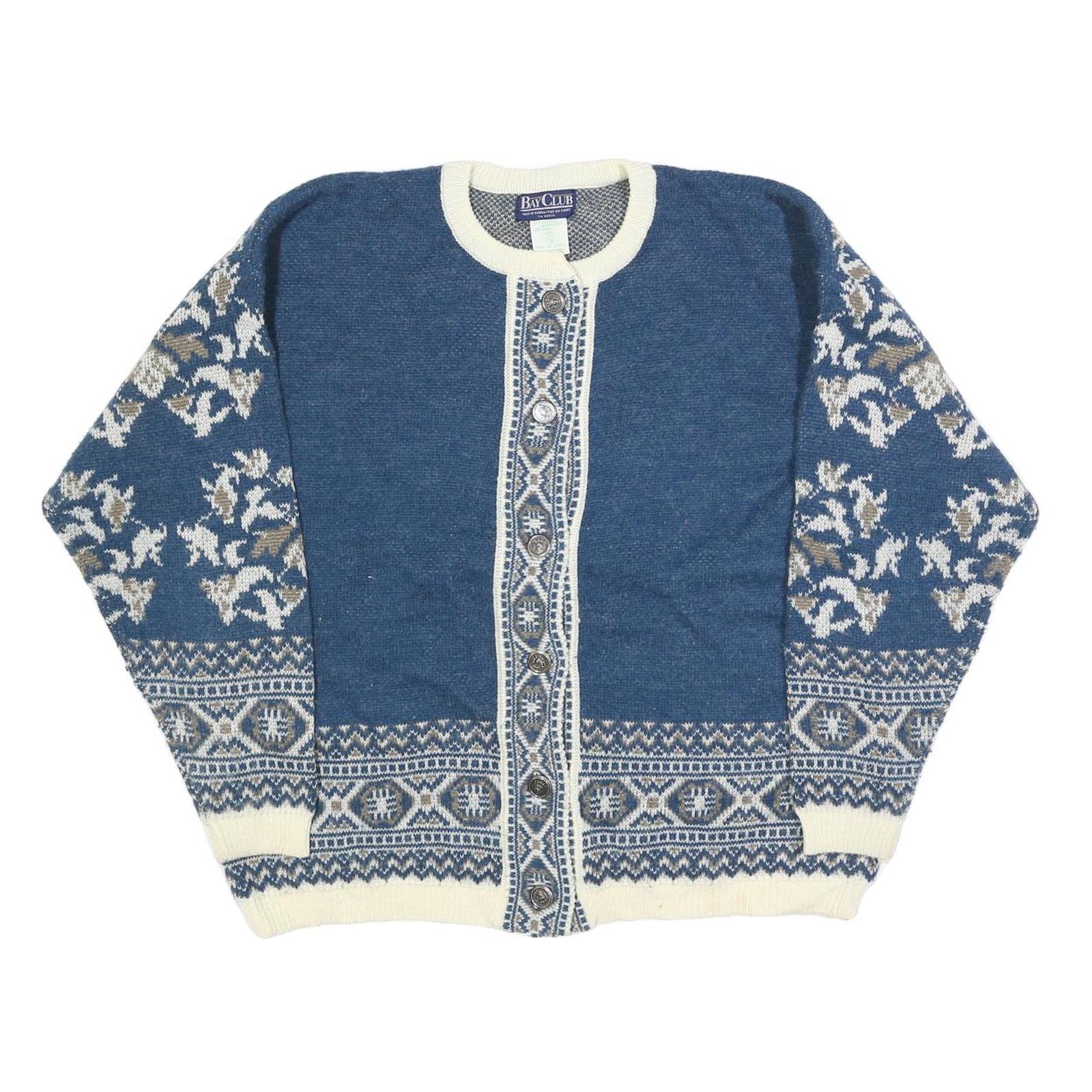 BAY CLUB Womens Blue & Cream Patterned Cardigan Floral Crew Neck Cable Knit L