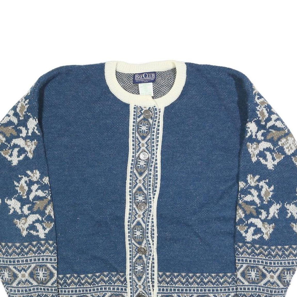 BAY CLUB Womens Blue & Cream Patterned Cardigan Floral Crew Neck Cable Knit L