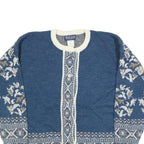BAY CLUB Womens Blue & Cream Patterned Cardigan Floral Crew Neck Cable Knit L