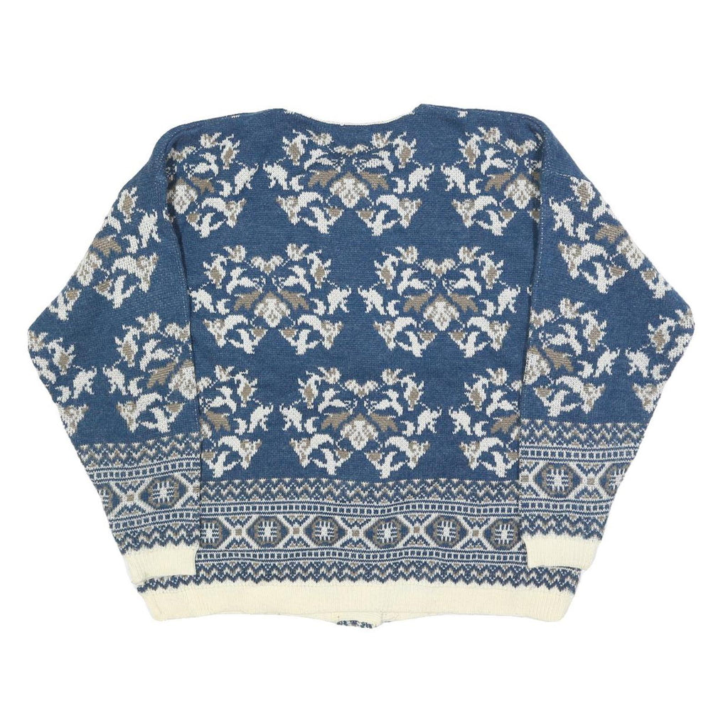BAY CLUB Womens Blue & Cream Patterned Cardigan Floral Crew Neck Cable Knit L