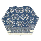 BAY CLUB Womens Blue & Cream Patterned Cardigan Floral Crew Neck Cable Knit L