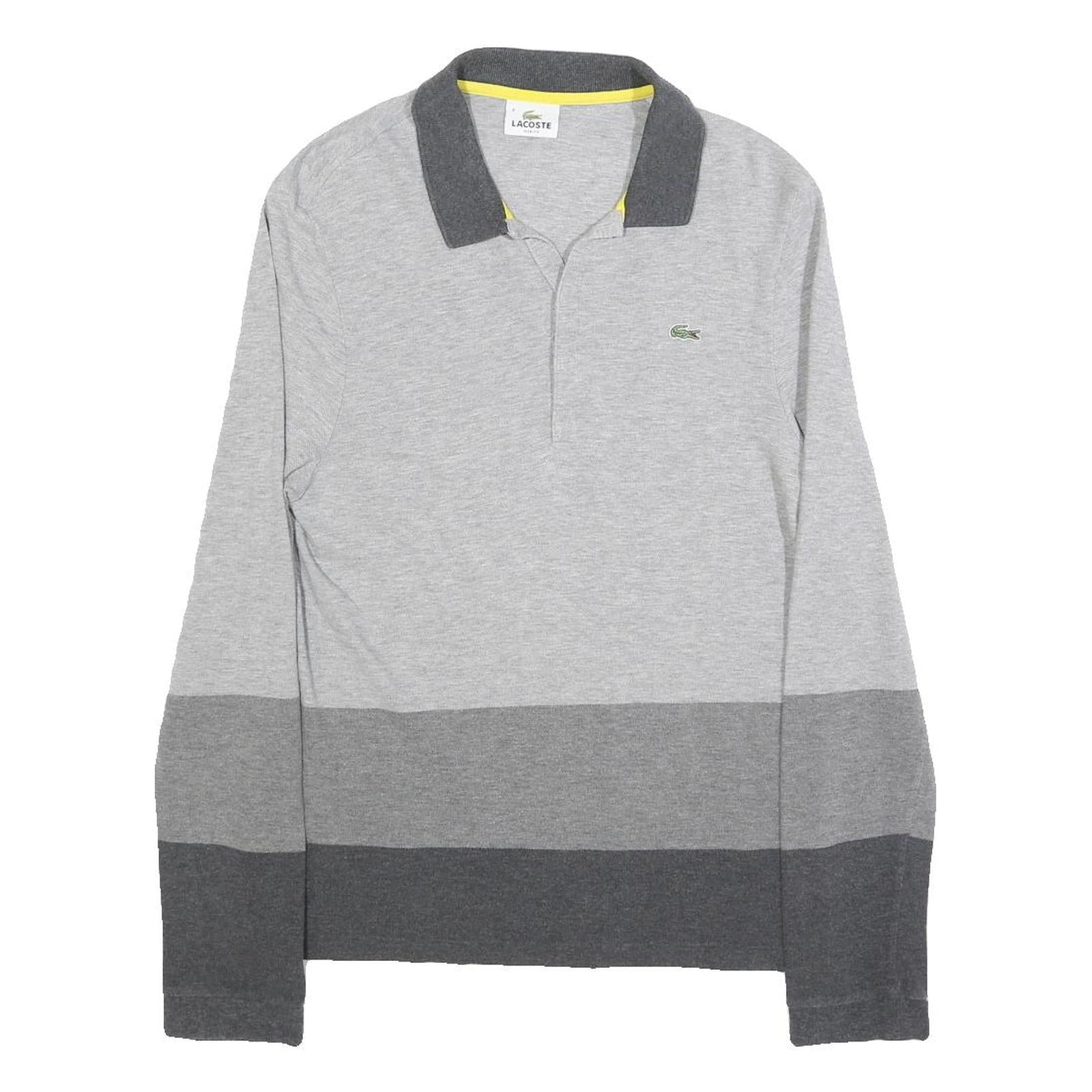 LACOSTE Mens Grey & Dark Grey Long Sleeve Striped M Cotton Blend Polo Shirt