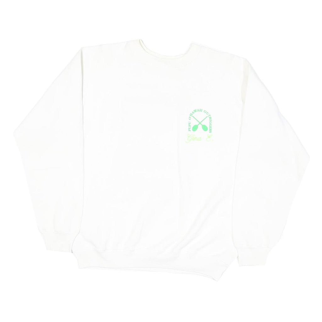 HANES Womens White Crew Neck L Sweatshirt Pupu O' Hawaii Outrigger Print