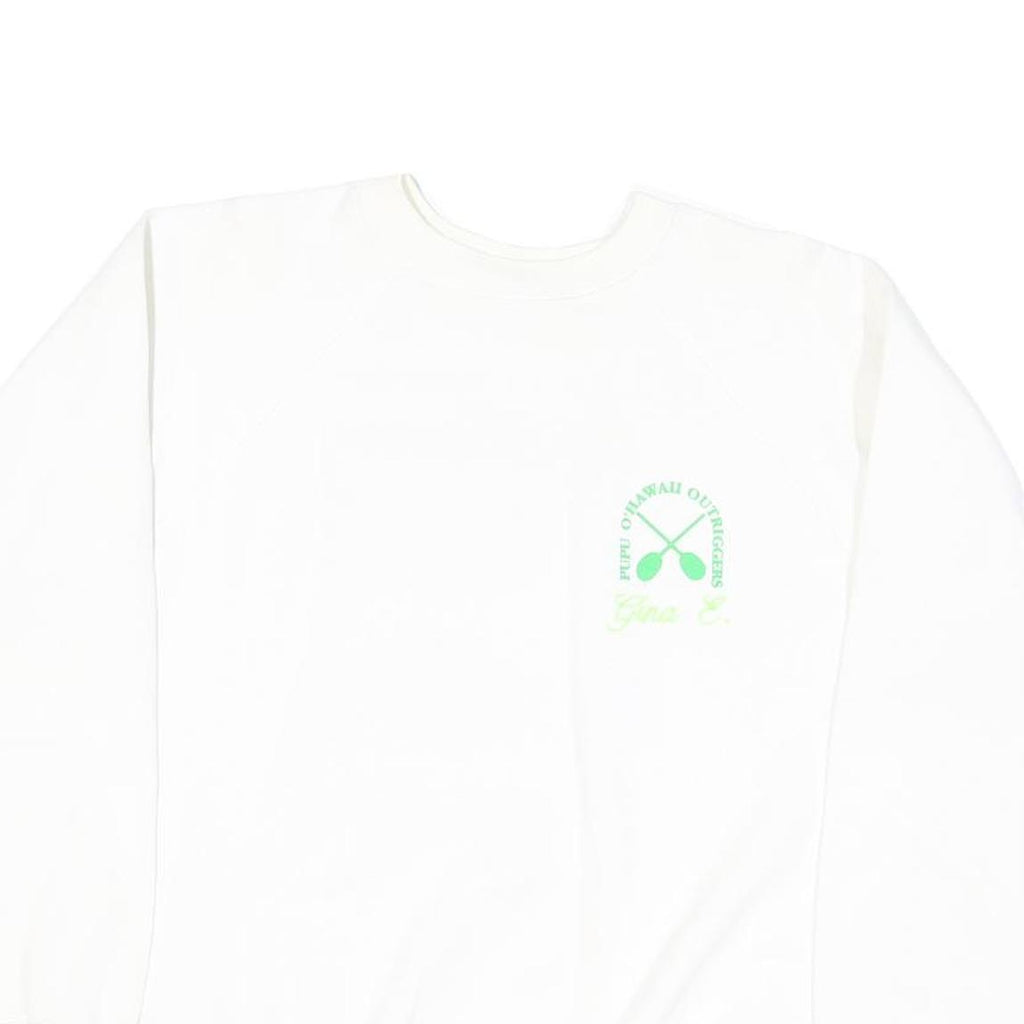 HANES Womens White Crew Neck L Sweatshirt Pupu O' Hawaii Outrigger Print