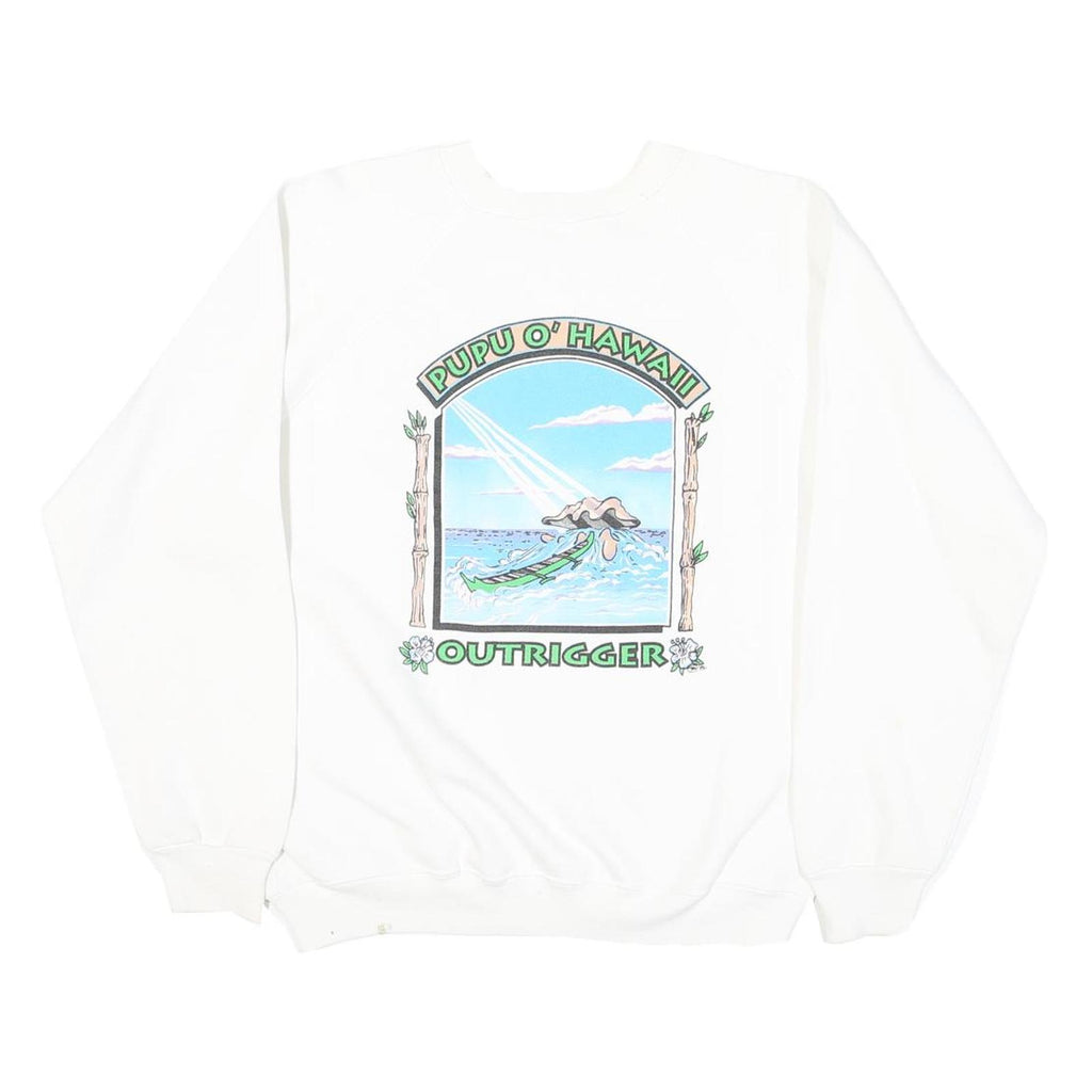 HANES Womens White Crew Neck L Sweatshirt Pupu O' Hawaii Outrigger Print