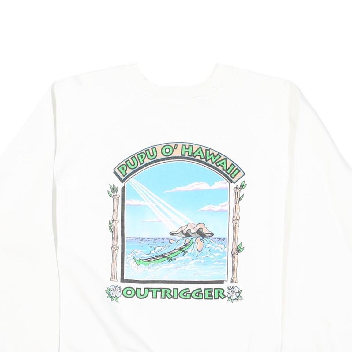 HANES Womens White Crew Neck L Sweatshirt Pupu O' Hawaii Outrigger Print