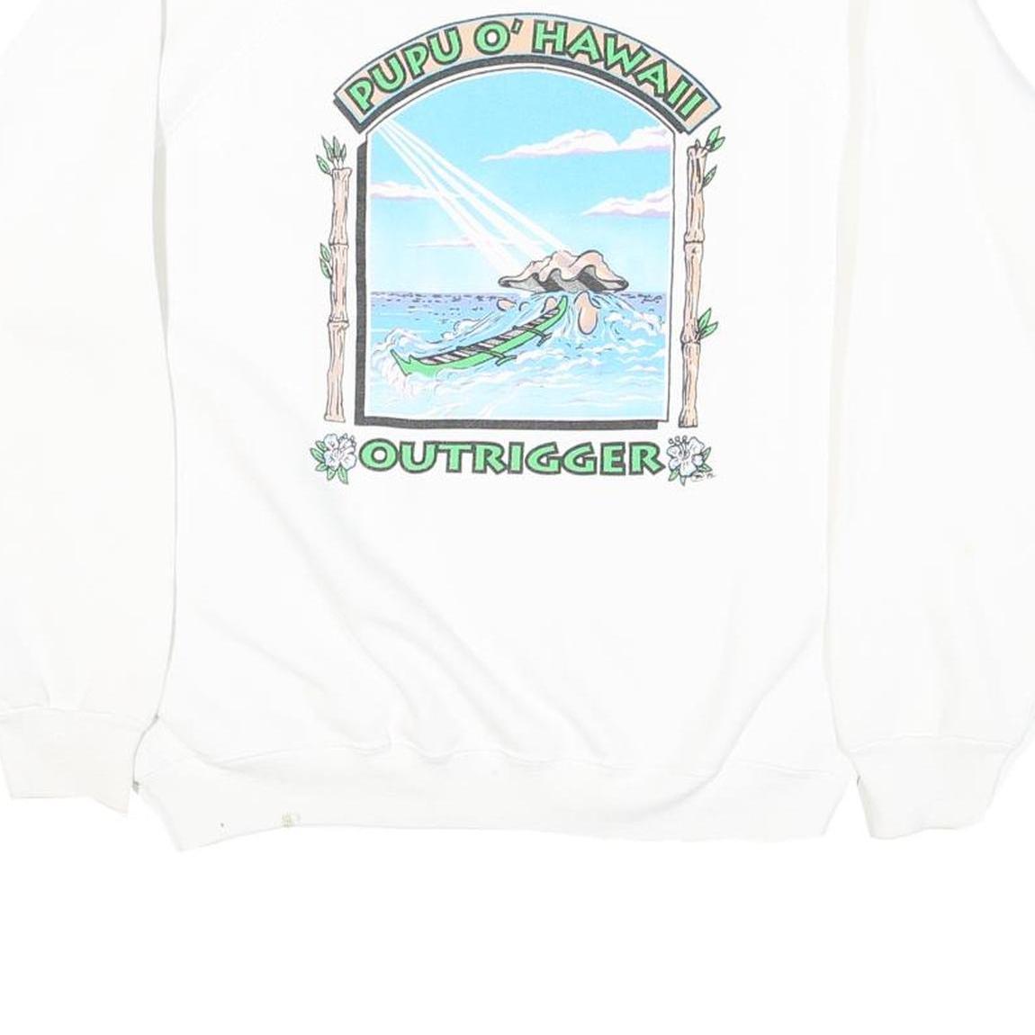 HANES Womens White Crew Neck L Sweatshirt Pupu O' Hawaii Outrigger Print