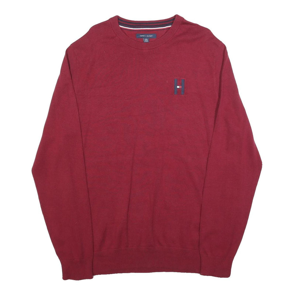 TOMMY HILFIGER Mens Red Plain Cotton Blend Jumper Crew Neck Basic Knit XL