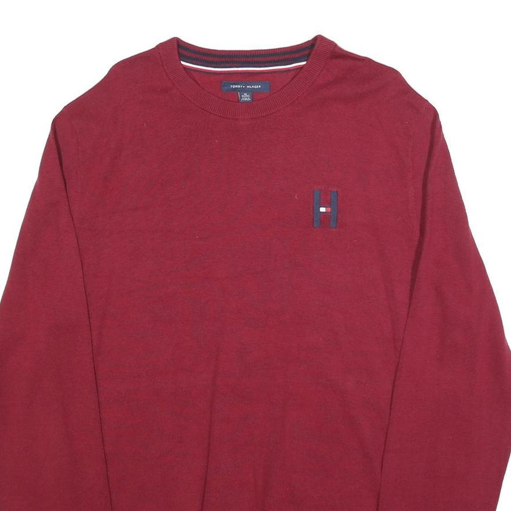 TOMMY HILFIGER Mens Red Plain Cotton Blend Jumper Crew Neck Basic Knit XL