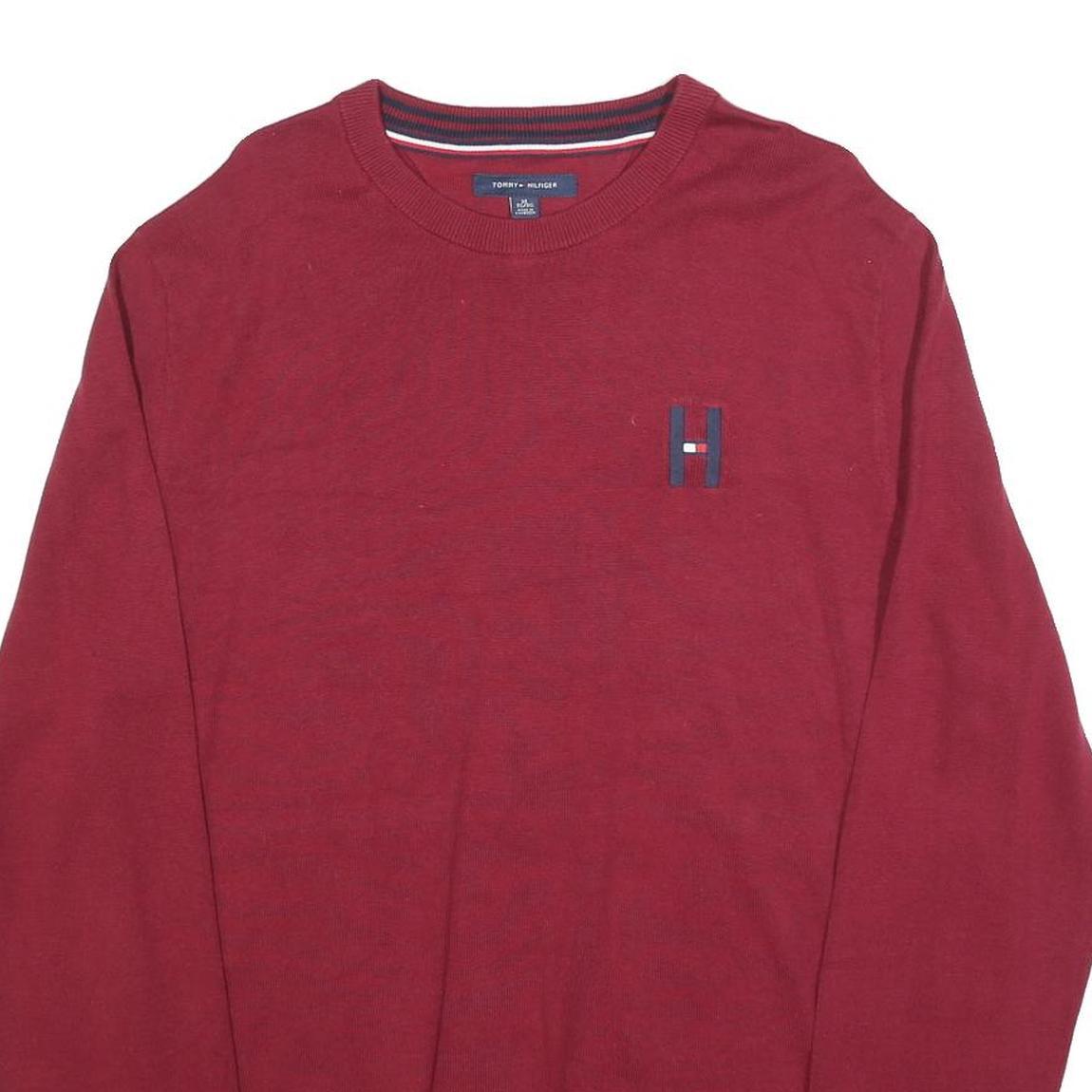 TOMMY HILFIGER Mens Red Plain Cotton Blend Jumper Crew Neck Basic Knit XL