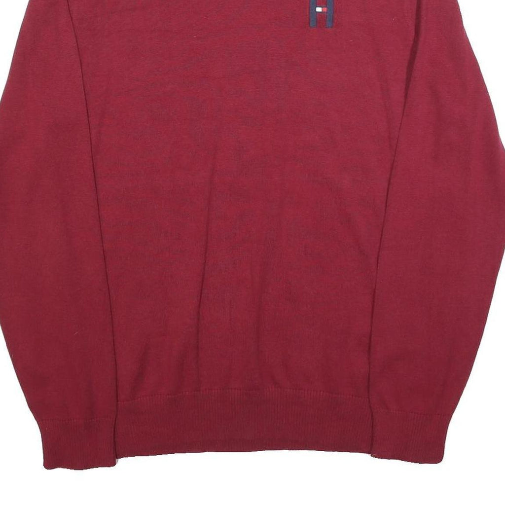 TOMMY HILFIGER Mens Red Plain Cotton Blend Jumper Crew Neck Basic Knit XL