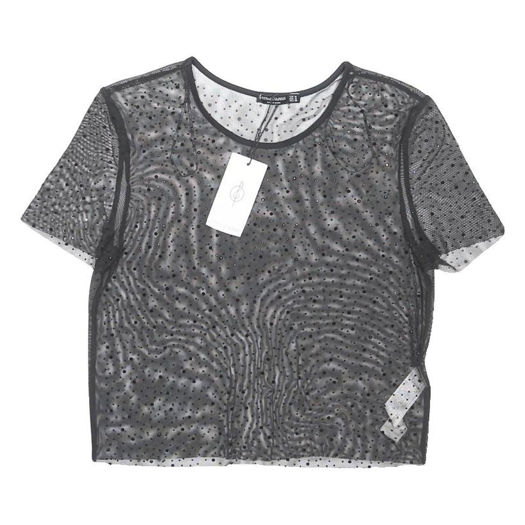 STRADIVARIUS Womens Black Polka Dot Sheer Mesh Short Sleeve Top M