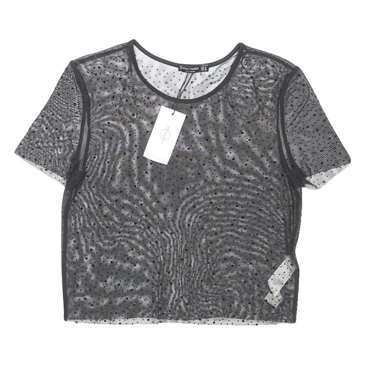 STRADIVARIUS Womens Black Polka Dot Sheer Mesh Short Sleeve Top M
