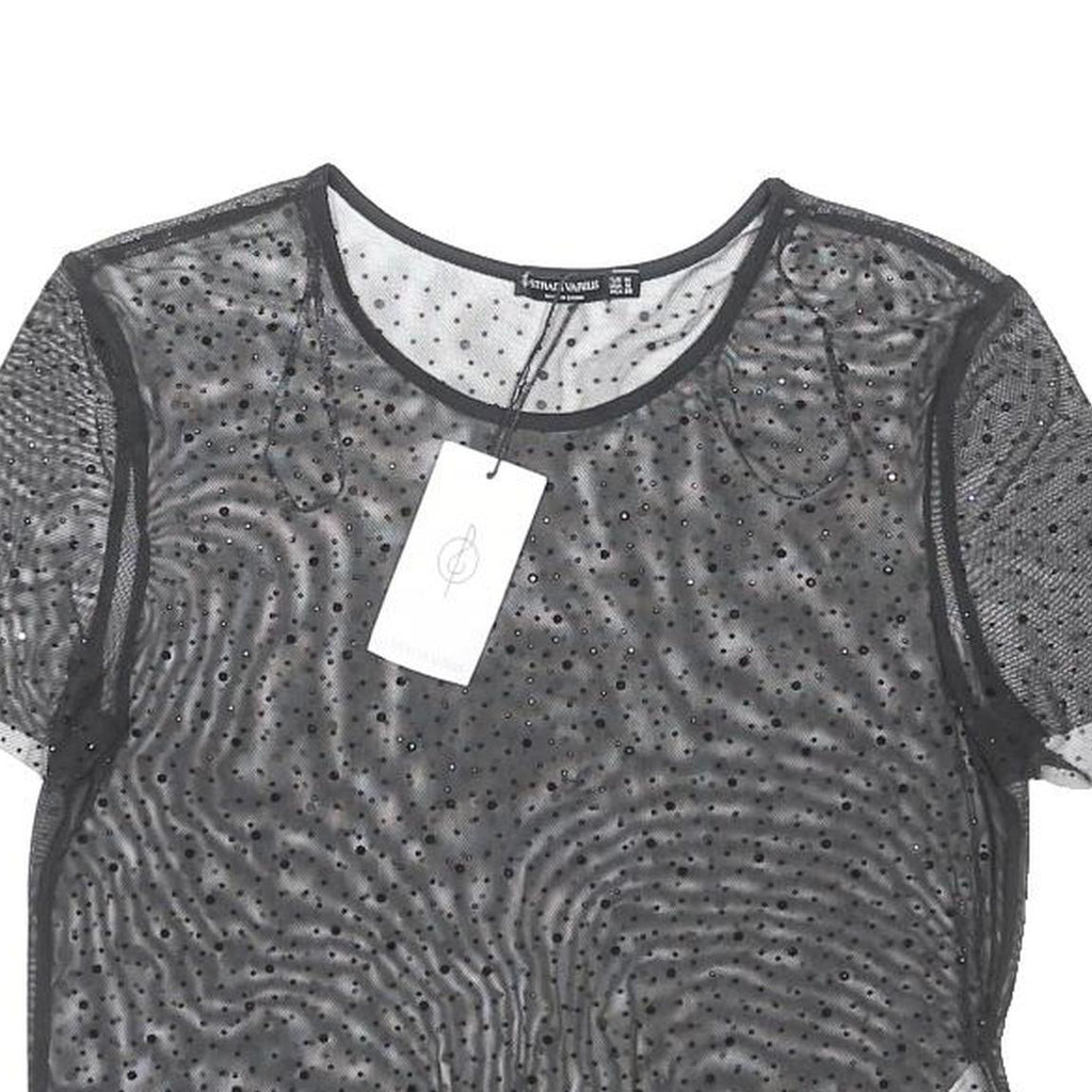 STRADIVARIUS Womens Black Polka Dot Sheer Mesh Short Sleeve Top M