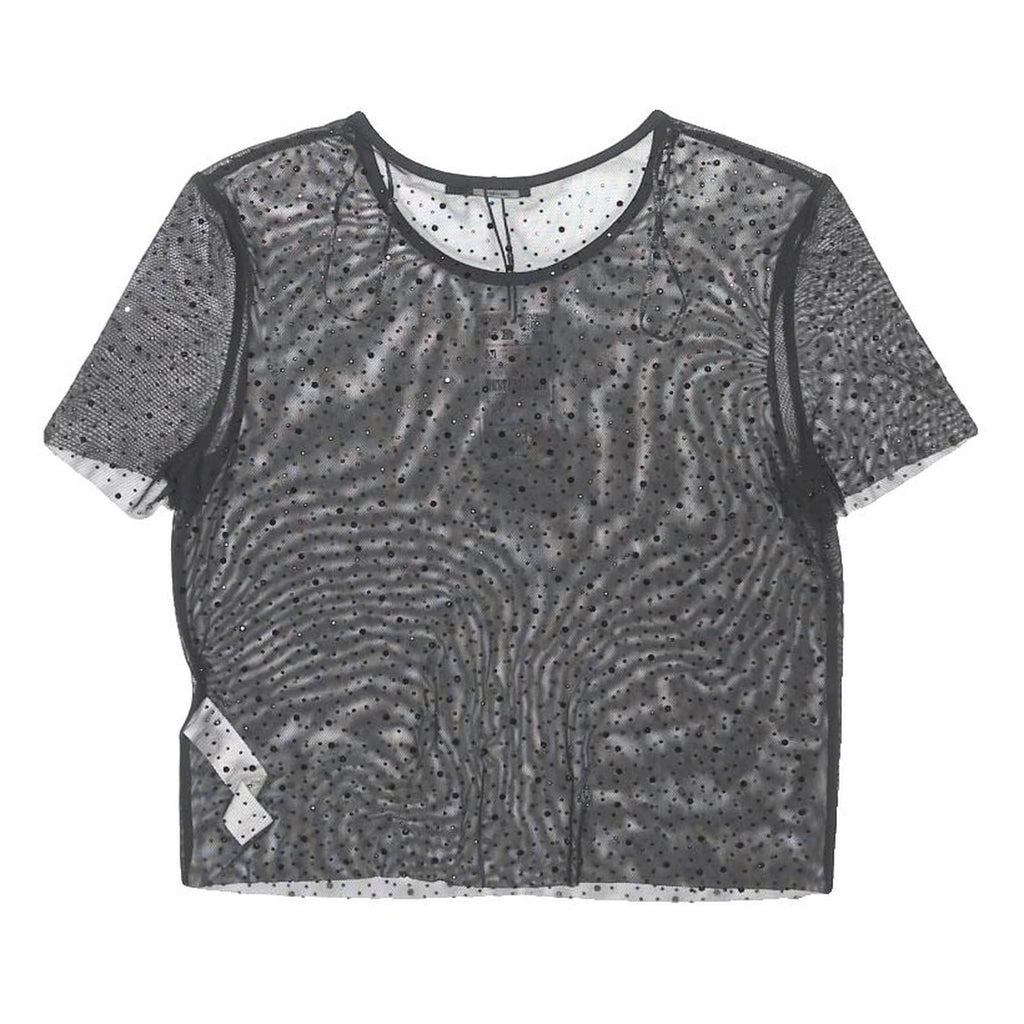 STRADIVARIUS Womens Black Polka Dot Sheer Mesh Short Sleeve Top M
