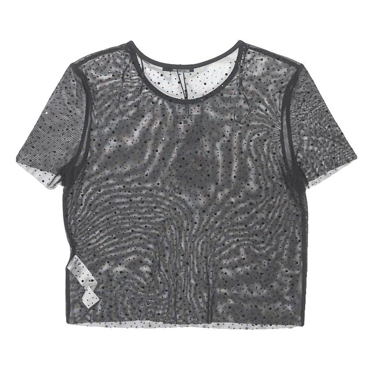 STRADIVARIUS Womens Black Polka Dot Sheer Mesh Short Sleeve Top M