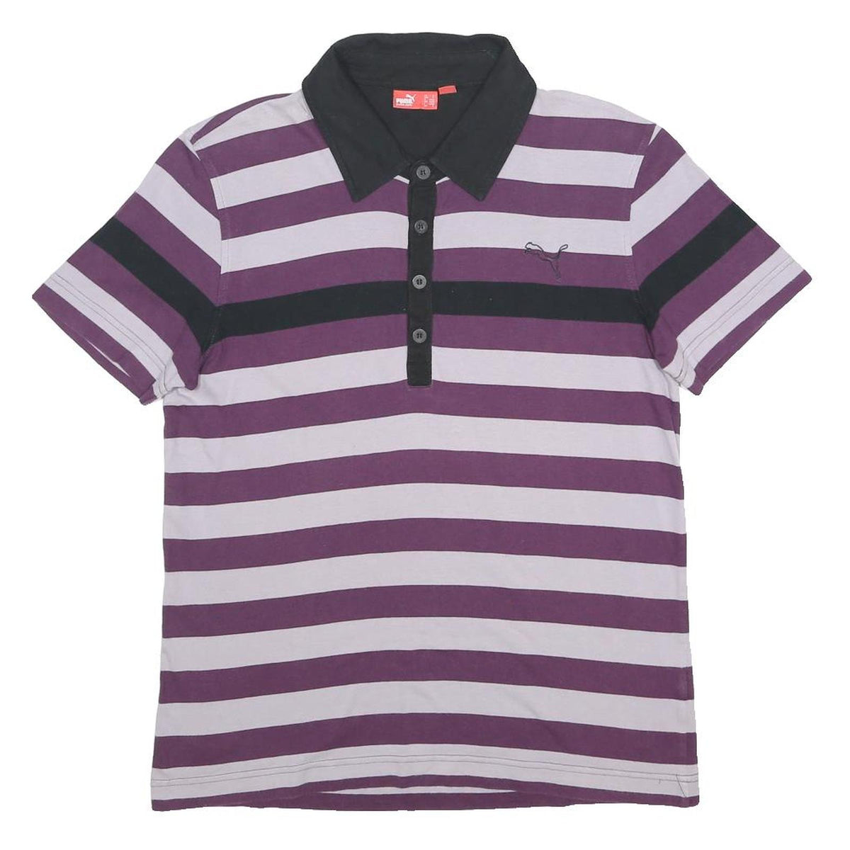 PUMA Womens Purple & Black Striped Short Sleeve Polo Shirt S Cotton