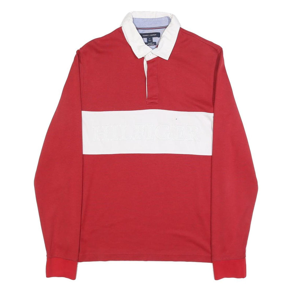 TOMMY HILFIGER Mens Red & White Long Sleeve Plain Polo Shirt M Casual Cotton