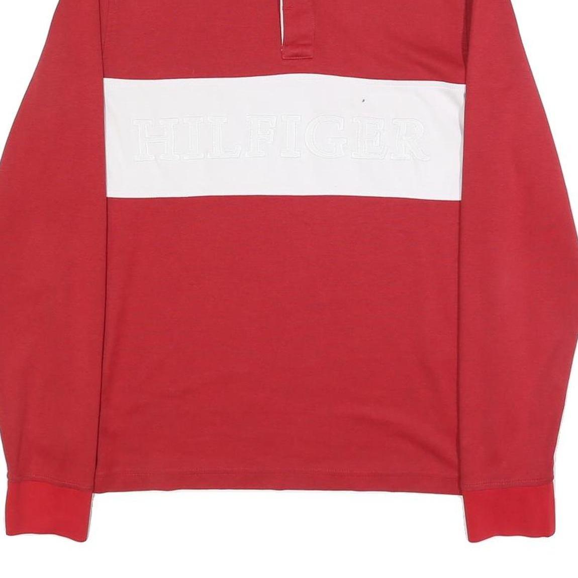 TOMMY HILFIGER Mens Red & White Long Sleeve Plain Polo Shirt M Casual Cotton