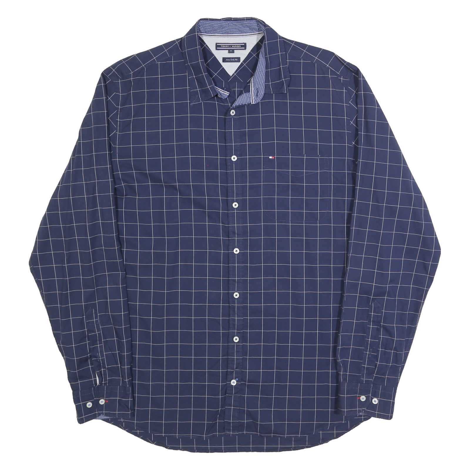 TOMMY HILFIGER Mens Blue Checked Cotton Blend Shirt XL Classic Fit Button-Up