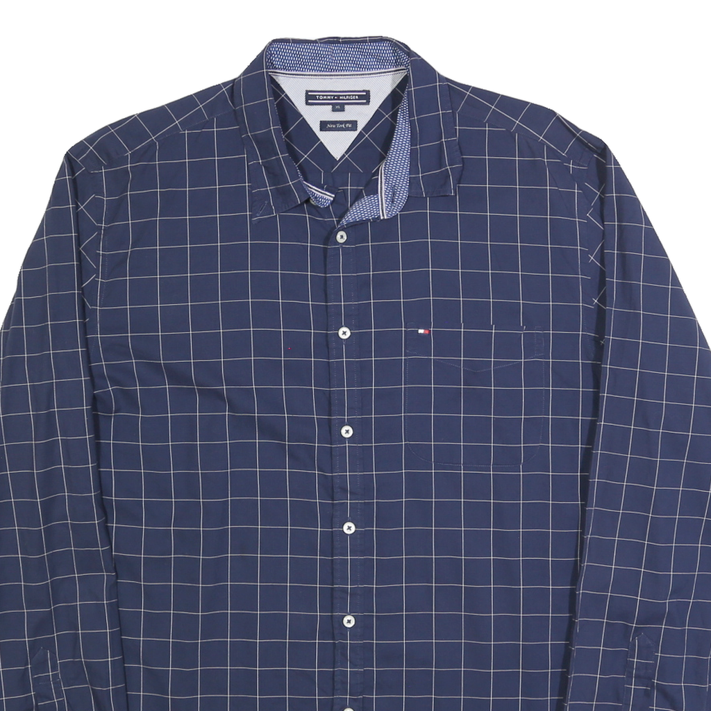 TOMMY HILFIGER Mens Blue Checked Cotton Blend Shirt XL Classic Fit Button-Up