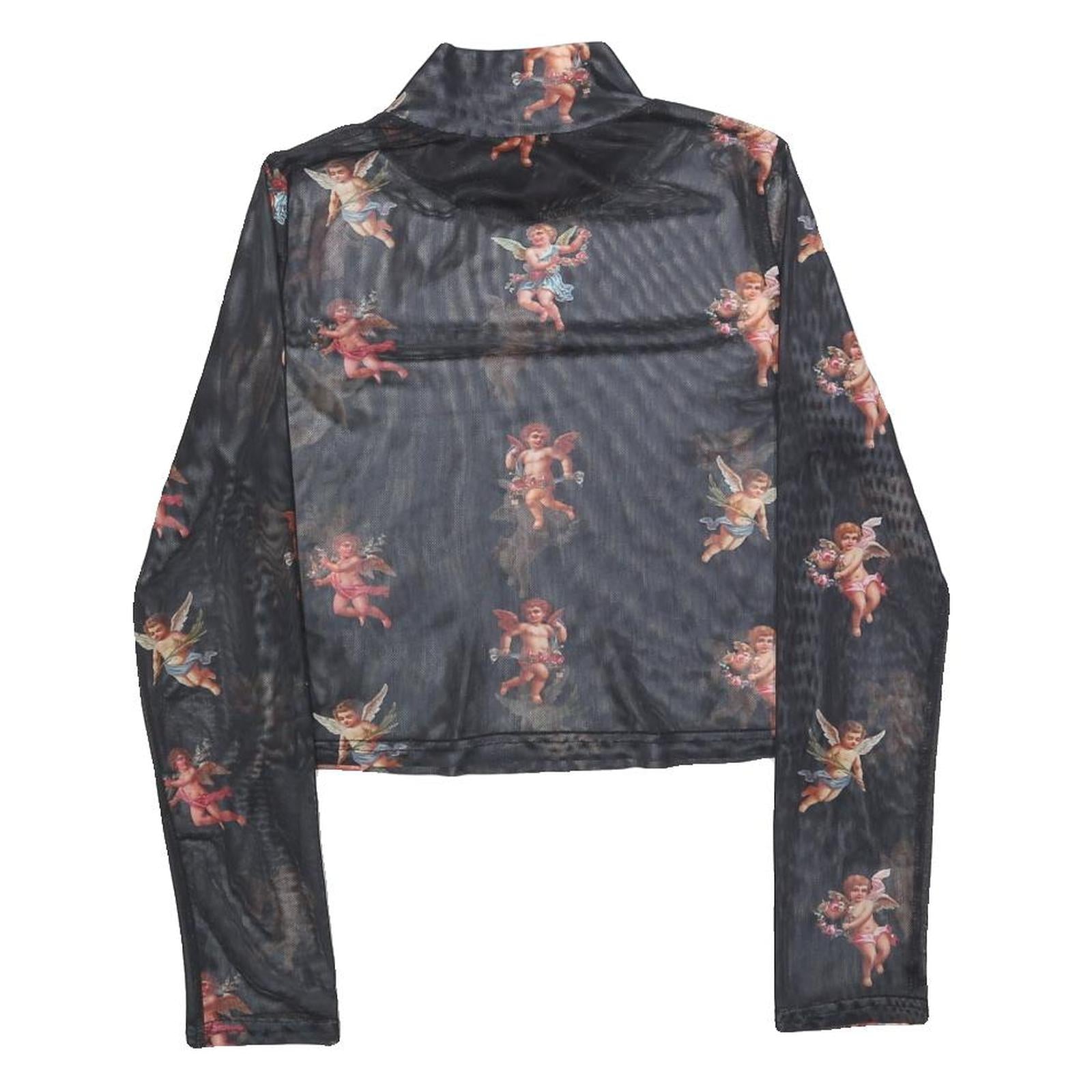 URBANIC Y2K Womens Black Angel Print Long Sleeve High Neck Top L Mesh Sheer