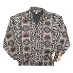 FU DA Womens Brown & Black Animal Print Silk Zip Jacket S Woven Relaxed Fit