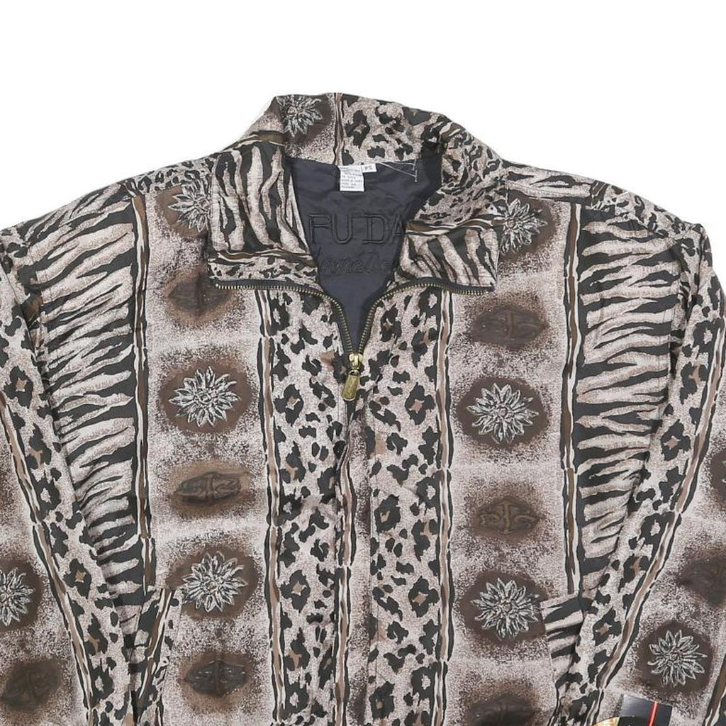 FU DA Womens Brown & Black Animal Print Silk Zip Jacket S Woven Relaxed Fit