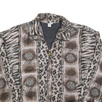 FU DA Womens Brown & Black Animal Print Silk Zip Jacket S Woven Relaxed Fit