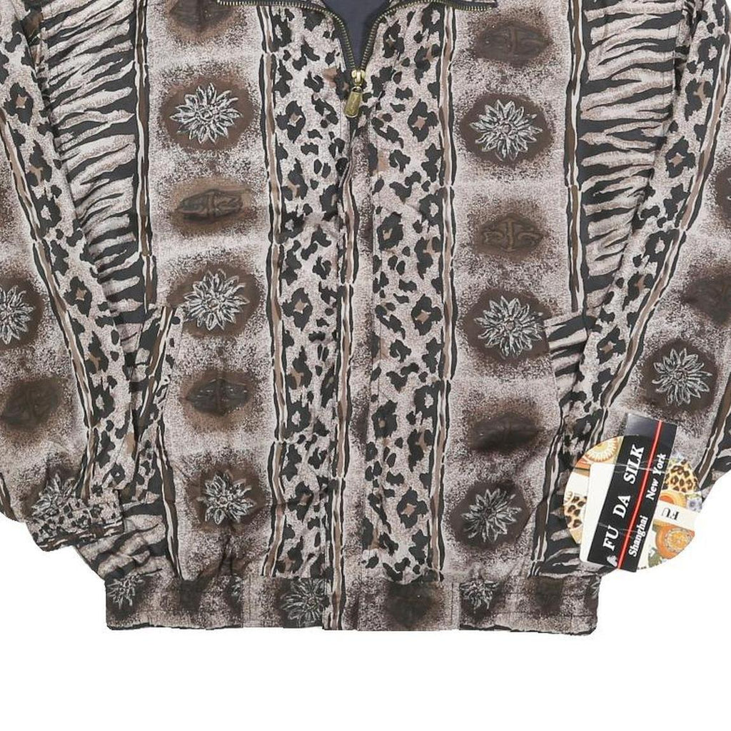 FU DA Womens Brown & Black Animal Print Silk Zip Jacket S Woven Relaxed Fit