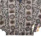 FU DA Womens Brown & Black Animal Print Silk Zip Jacket S Woven Relaxed Fit