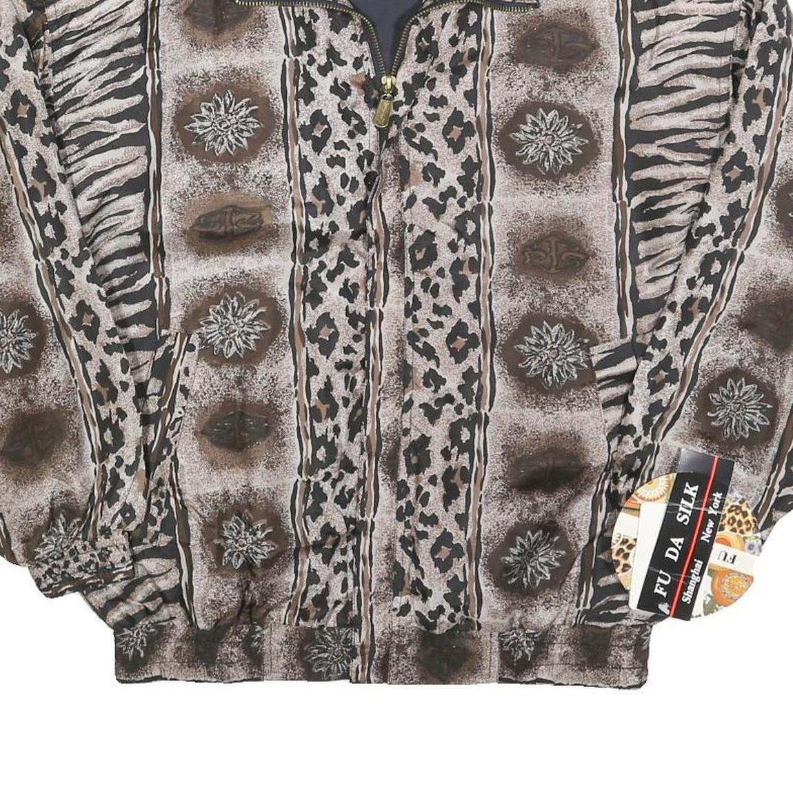 FU DA Womens Brown & Black Animal Print Silk Zip Jacket S Woven Relaxed Fit