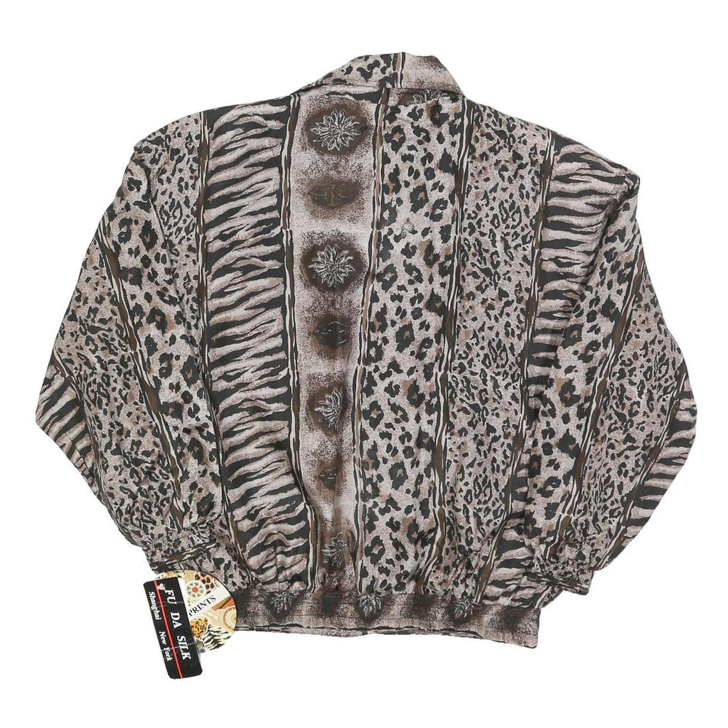 FU DA Womens Brown & Black Animal Print Silk Zip Jacket S Woven Relaxed Fit
