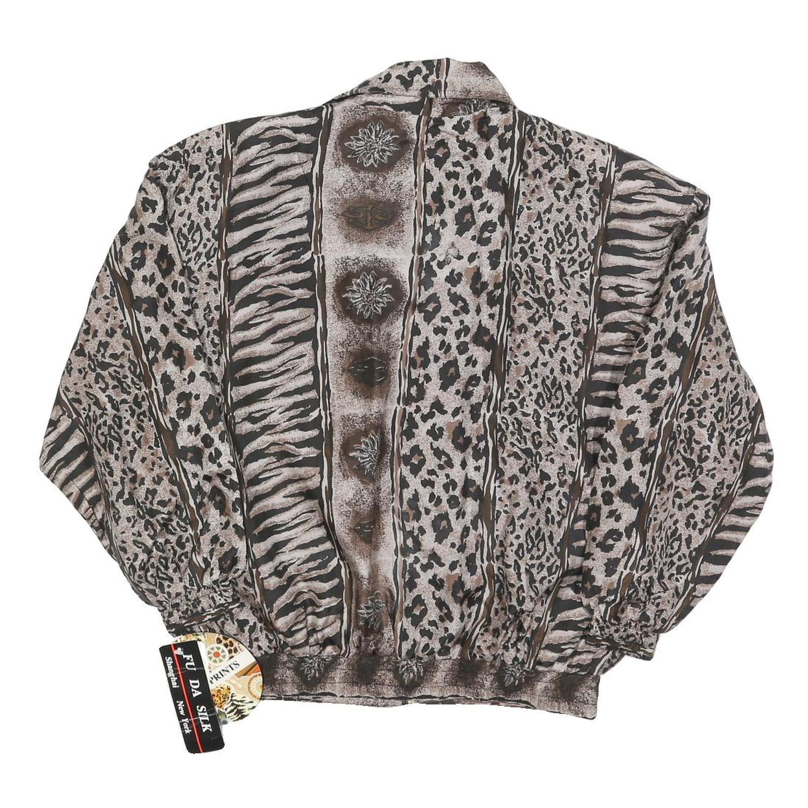 FU DA Womens Brown & Black Animal Print Silk Zip Jacket S Woven Relaxed Fit