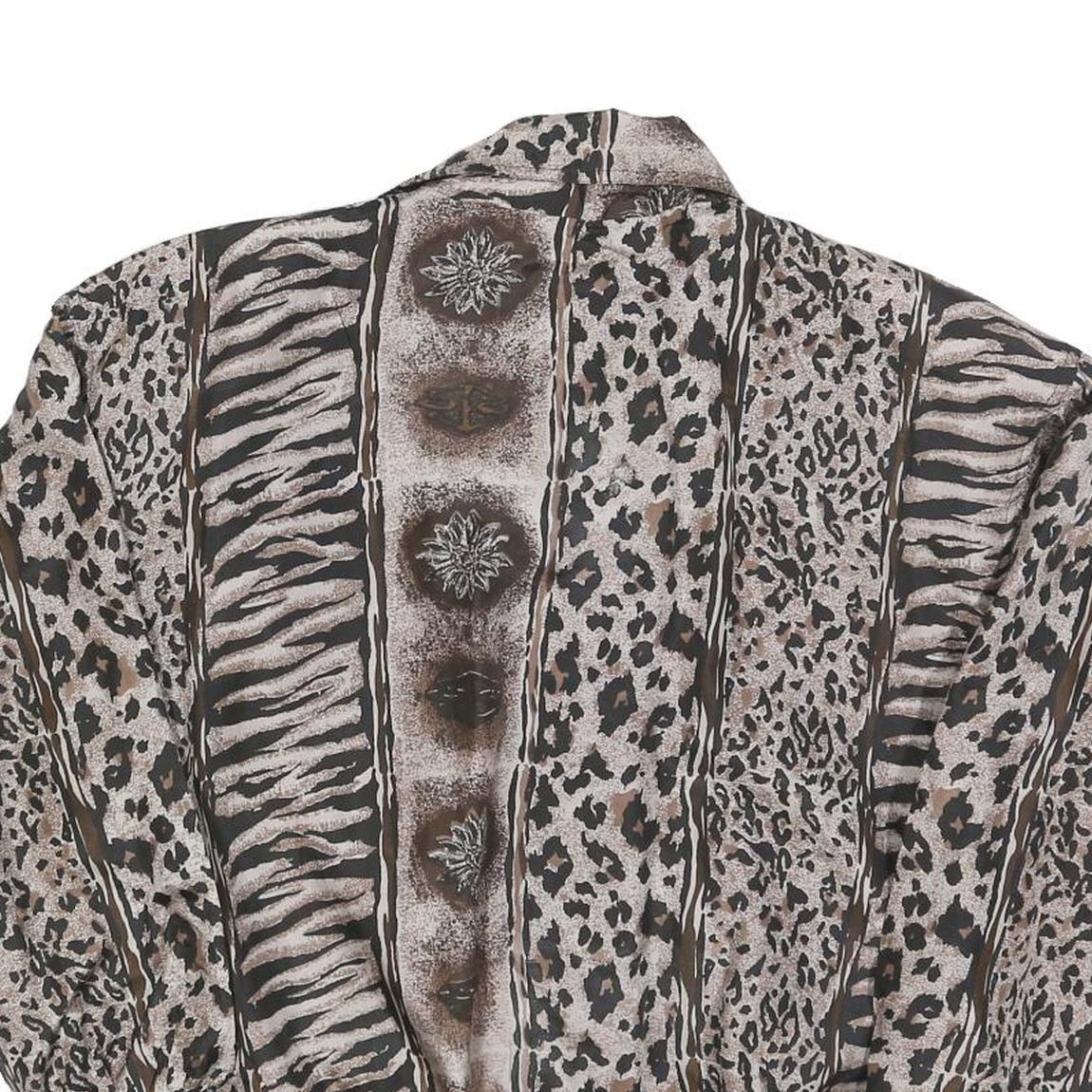 FU DA Womens Brown & Black Animal Print Silk Zip Jacket S Woven Relaxed Fit