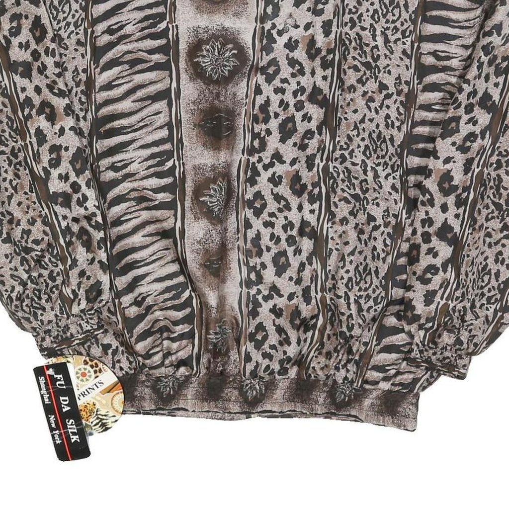 FU DA Womens Brown & Black Animal Print Silk Zip Jacket S Woven Relaxed Fit