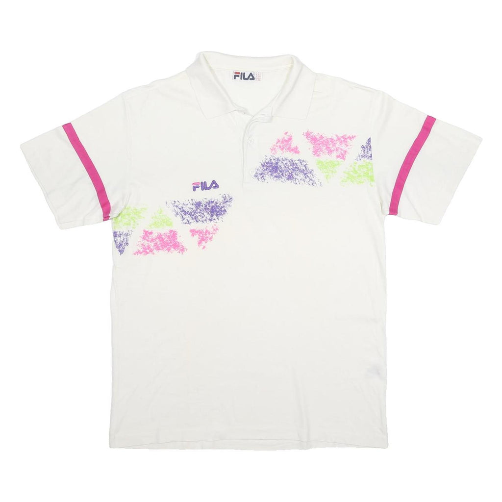 FILA Mens White & Pink Geometric Print Short Sleeve Polo Shirt L Cotton Casual