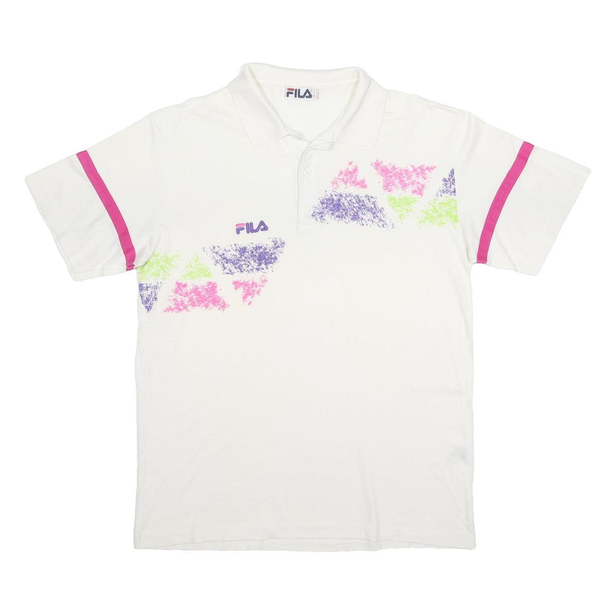 FILA Mens White & Pink Geometric Print Short Sleeve Polo Shirt L Cotton Casual