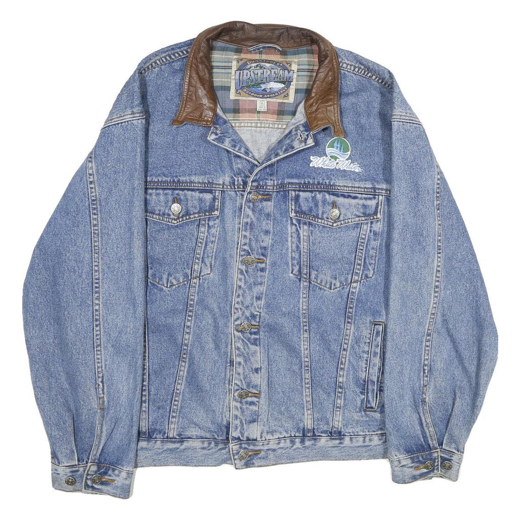 DUNBROOKE Mens Blue Leather Collar Denim Button Jacket XL Cotton Plaid Casual