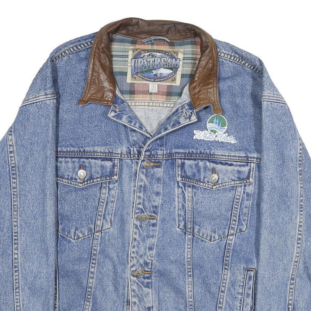 DUNBROOKE Mens Blue Leather Collar Denim Button Jacket XL Cotton Plaid Casual