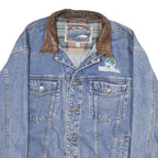 DUNBROOKE Mens Blue Leather Collar Denim Button Jacket XL Cotton Plaid Casual