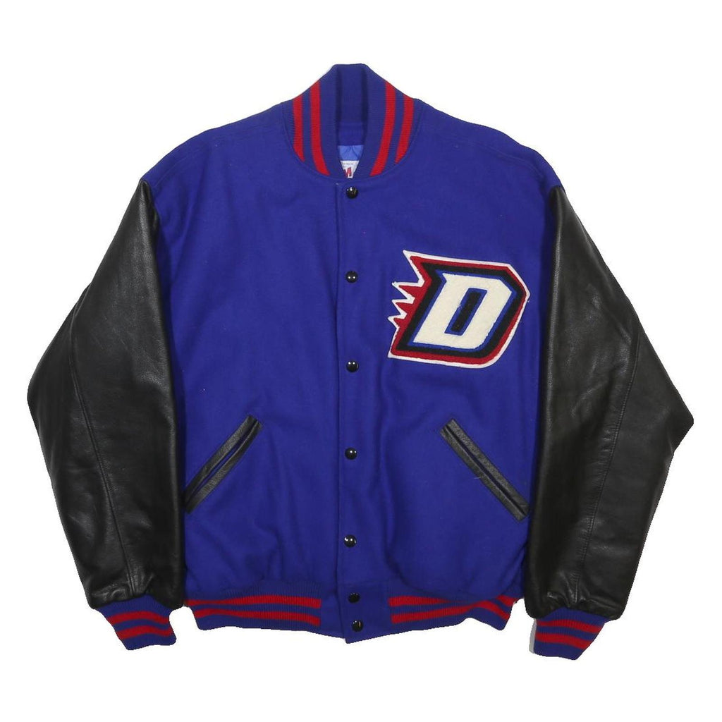 TM ATHLETICS Mens Blue & Black Varsity Jacket XL Wool Blend Button Bomber