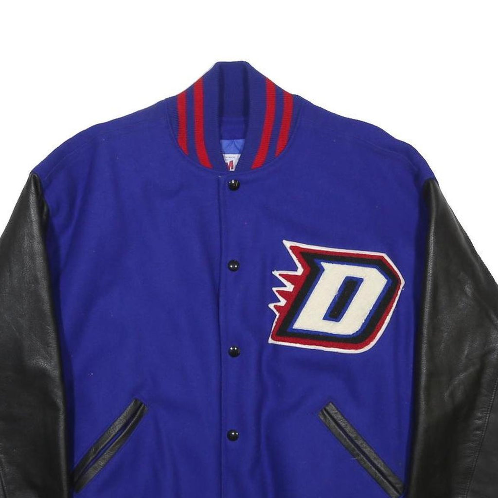 TM ATHLETICS Mens Blue & Black Varsity Jacket XL Wool Blend Button Bomber