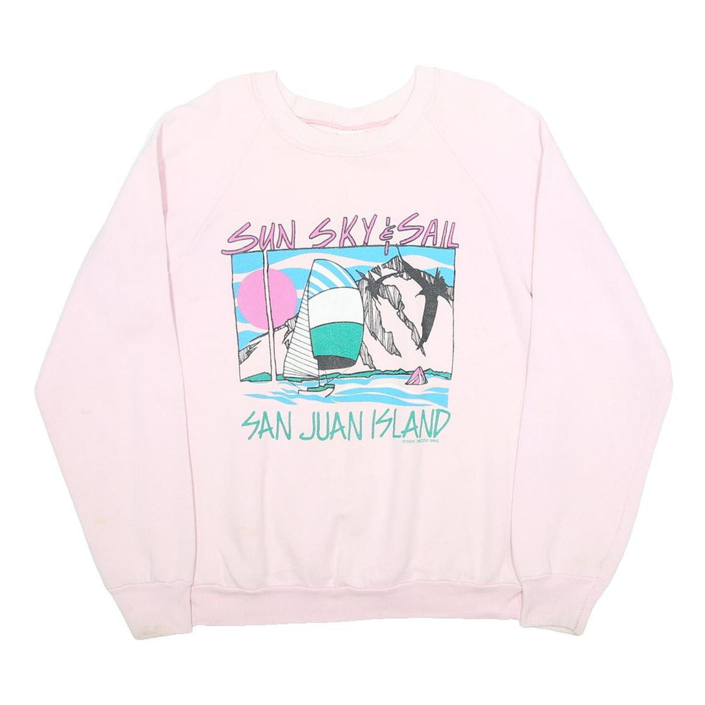 FRUIT OF THE LOOM Womens Pink Sun Sky & Sail San Juan Island Crew Neck L Printed