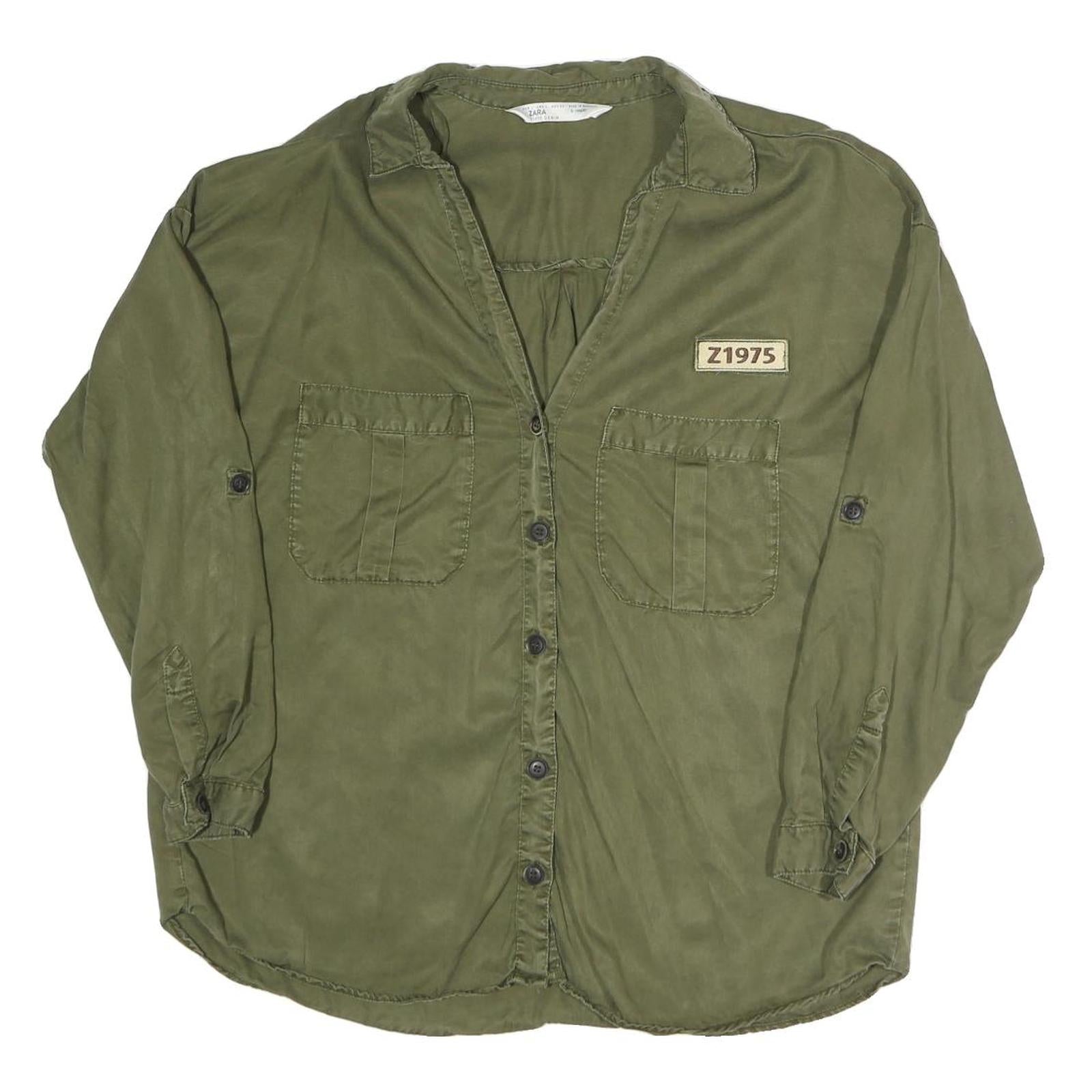 ZARA Womens Green Utility Shirt Long Sleeve Collared L Casual Cotton Blend