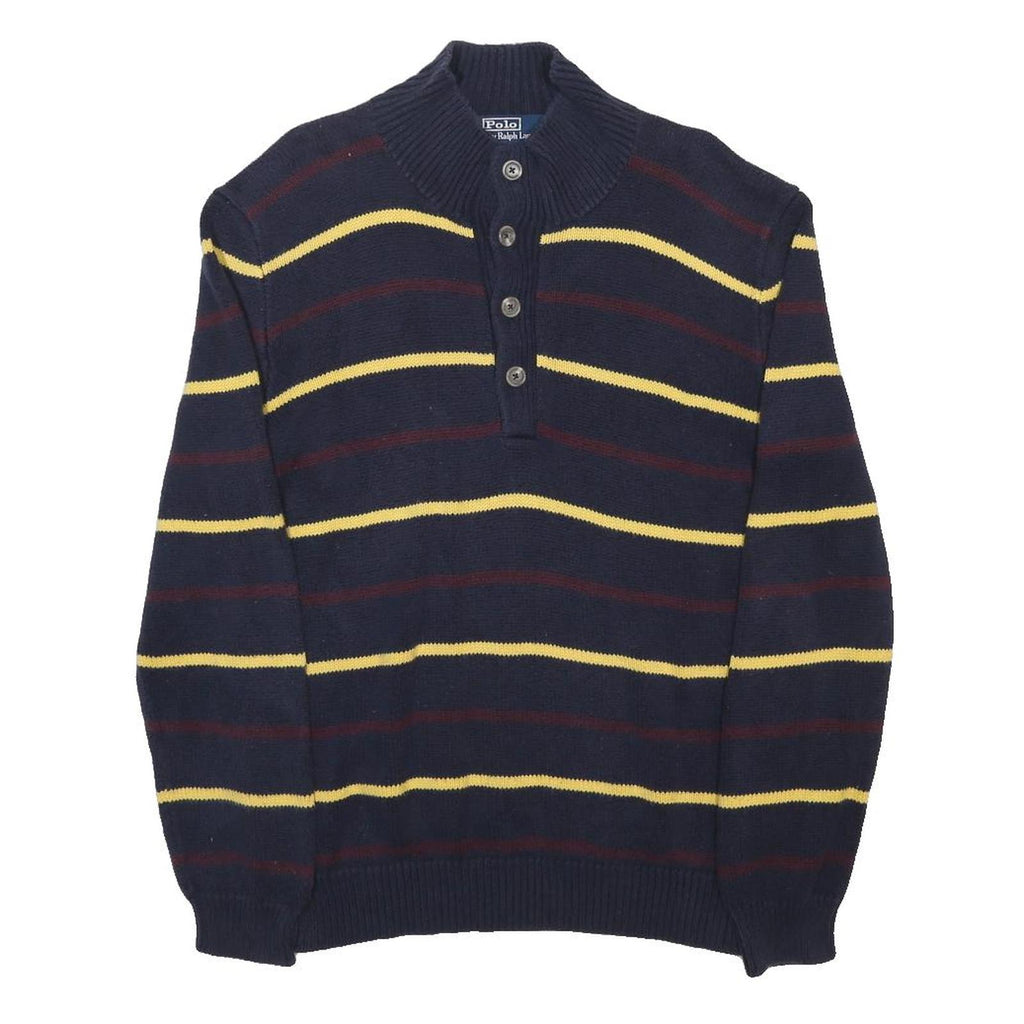POLO RALPH LAUREN Mens Navy Blue Yellow & Maroon Patterned Button Neck Jumper M