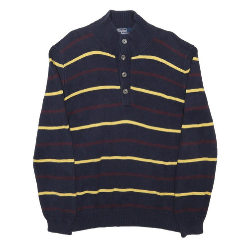POLO RALPH LAUREN Mens Navy Blue Yellow & Maroon Patterned Button Neck Jumper M