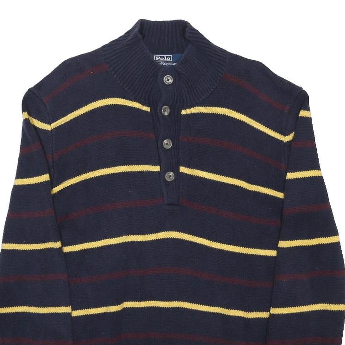 POLO RALPH LAUREN Mens Navy Blue Yellow & Maroon Patterned Button Neck Jumper M